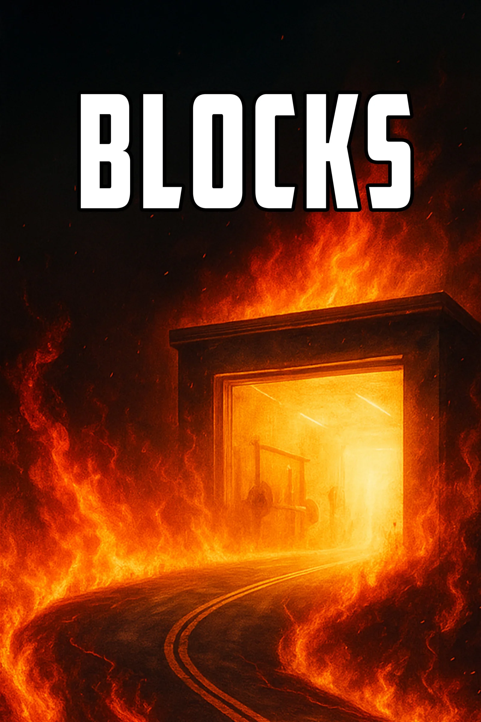 ROUTE56 Blocks gateway campaign graphic showing a road entering a fire-lit competition portal