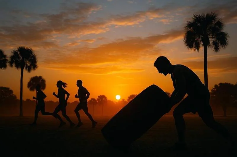 Athletes and a tire silhouette at sunset