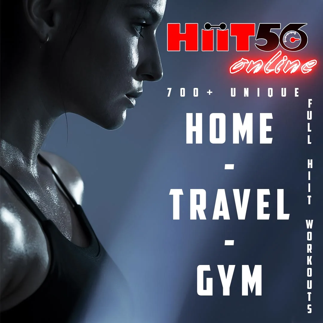 HIIT56 Online campaign artwork: 700-plus unique full HIIT workouts for home, travel and gym