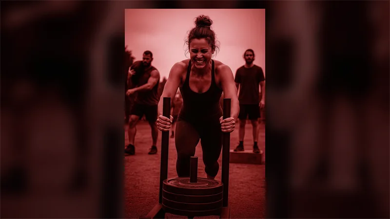 Athlete driving a weighted sled during The Clutch