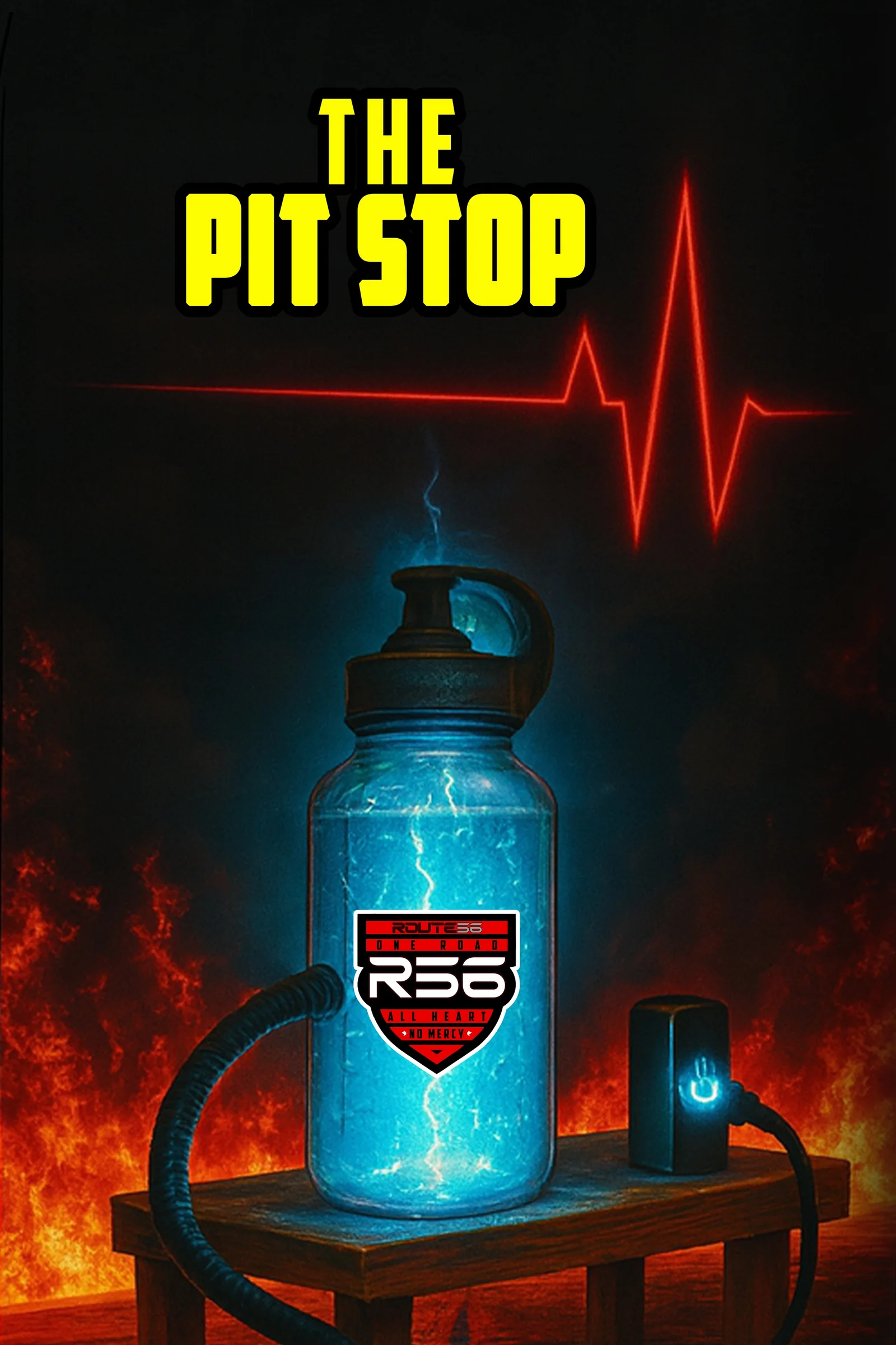 ROUTE56 Pit Stop campaign graphic with an illuminated recovery bottle and heart-rate line