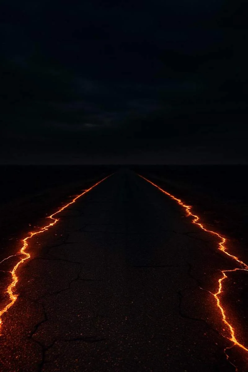 A glowing road line through a dark landscape
